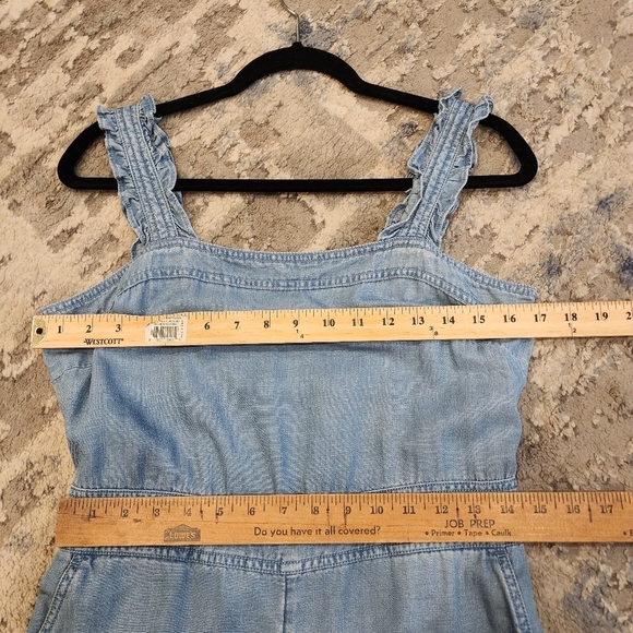 Loft Linen Lyocell Chambray Ruffle Strap Square Neck Jumpsuit.  Size 2. Pockets - Picture 13 of 16